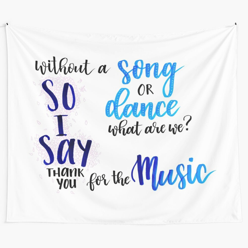 "Thank You for the Music" inspired tapestry with musical, dance, and calligraphy elements