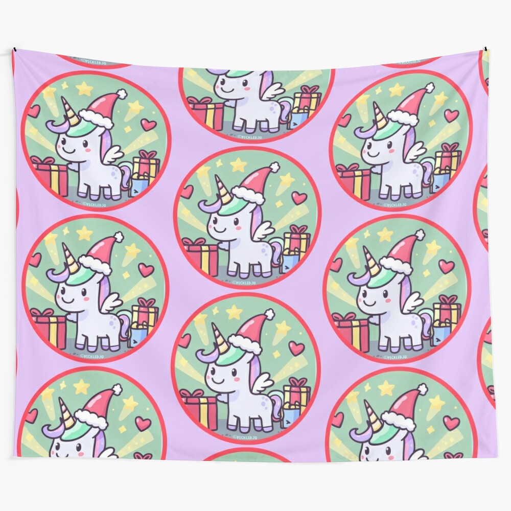 Colorful cartoon unicorn tapestry with holiday theme