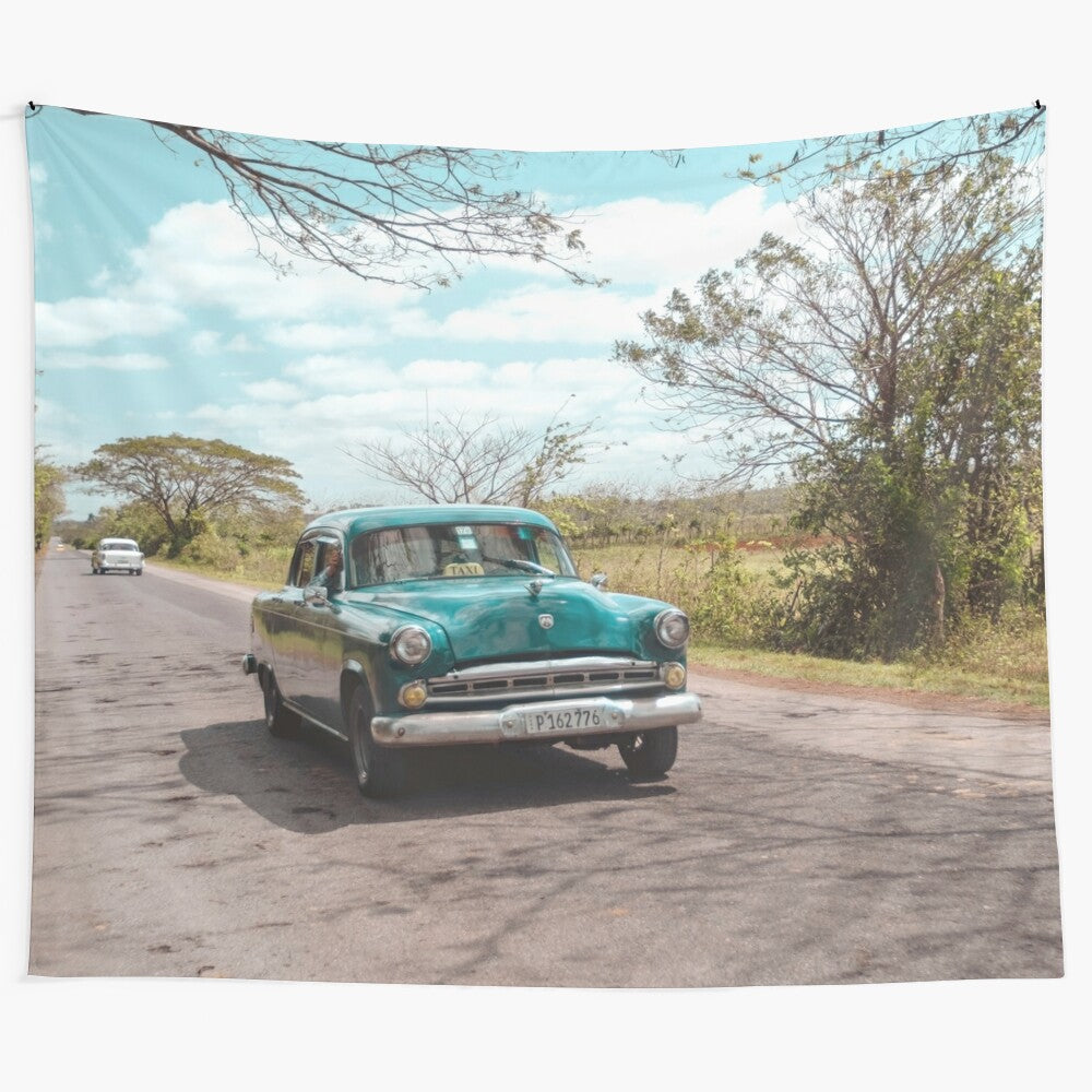 Vibrant tapestry featuring a classic turquoise car on the streets of Havana, Cuba