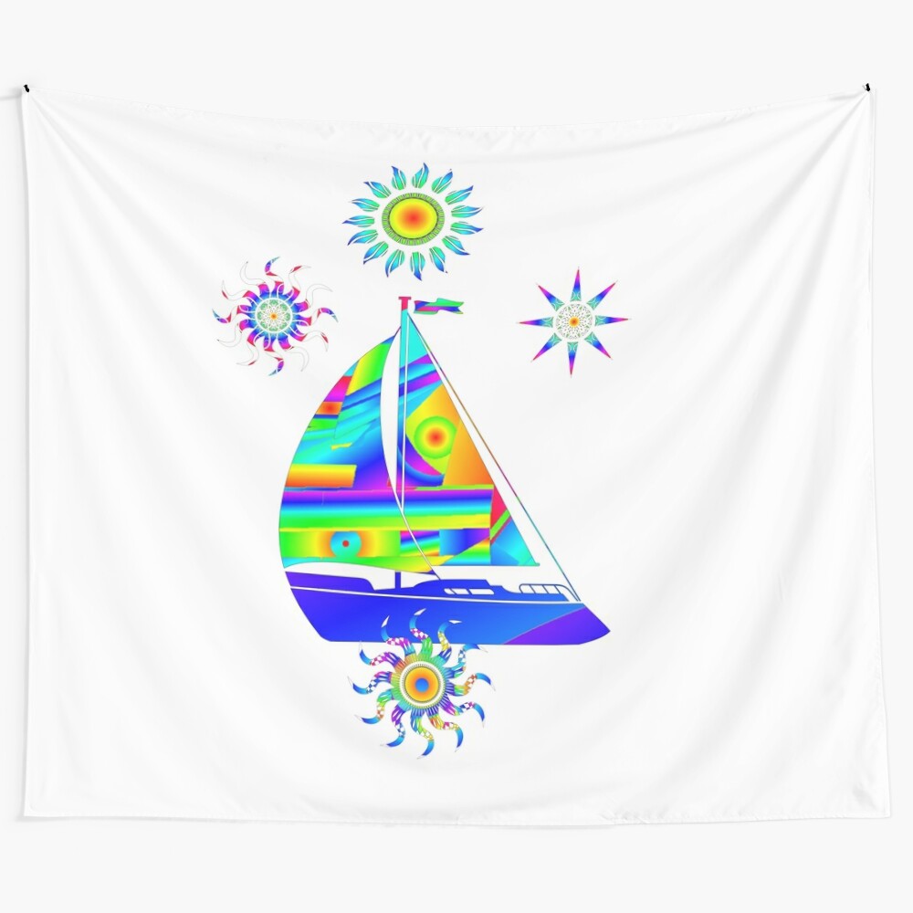 Colorful sailing boat tapestry with abstract floral patterns