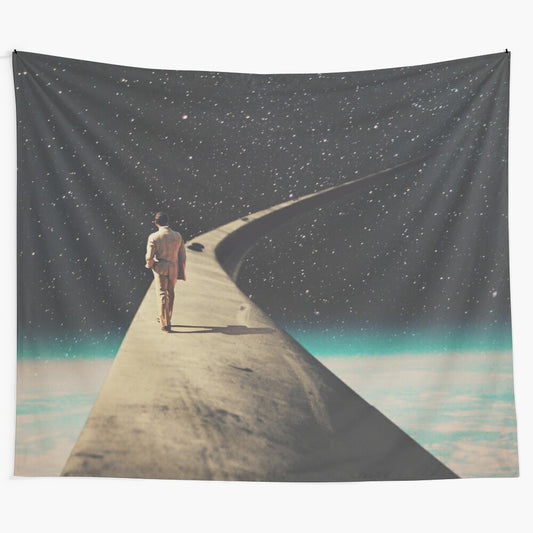 Retro graphic design tapestry depicting a lone wanderer on a strange, solitary path