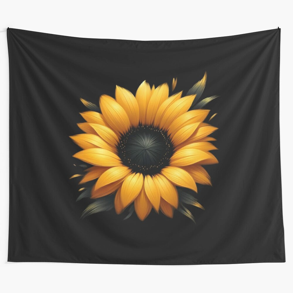 Vibrant sunflower bloom tapestry featuring a beautiful, bright yellow sunflower surrounded by botanical elements