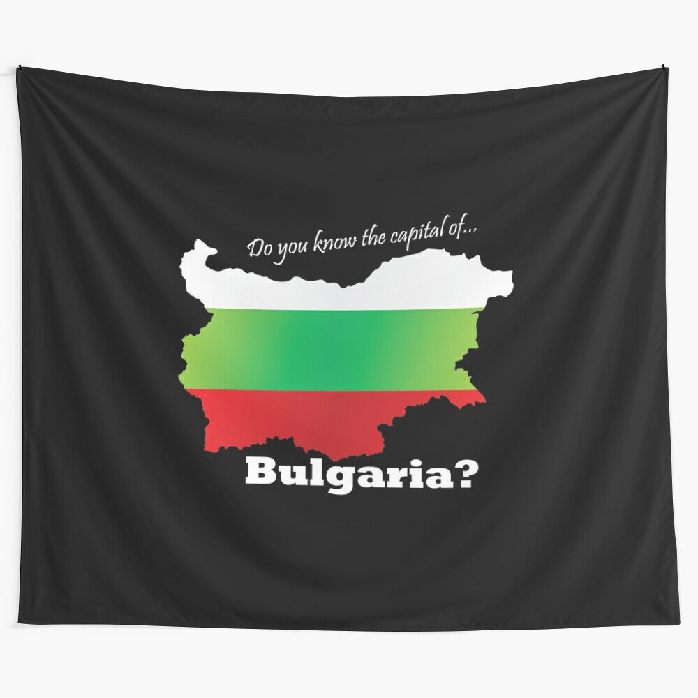 Tapestry t-shirt featuring a map of Bulgaria and the question "Do you know the capital of Bulgaria?"