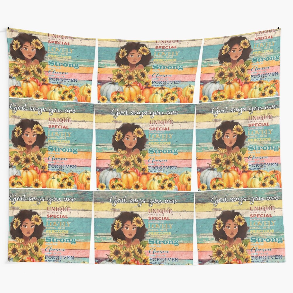 Sunflower girl tapestry featuring a beautiful black woman with an afro surrounded by vibrant sunflowers