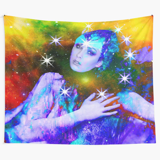 Whimsical blue fairy tapestry with abstract patterns and nature elements