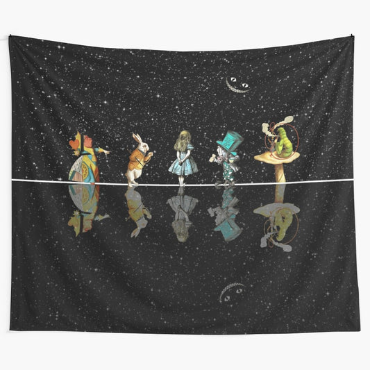 Whimsical Alice in Wonderland themed tapestry featuring starry night landscape