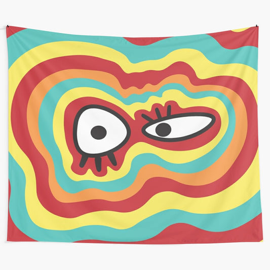 Colorful and trippy tapestry with a distorted, melting silly face design