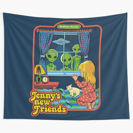 Vintage-inspired tapestry featuring a whimsical sci-fi scene with a kitten and a flying saucer