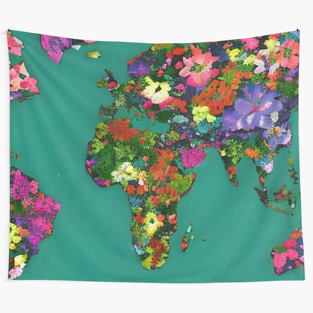 Vintage-inspired floral world map tapestry wall hanging