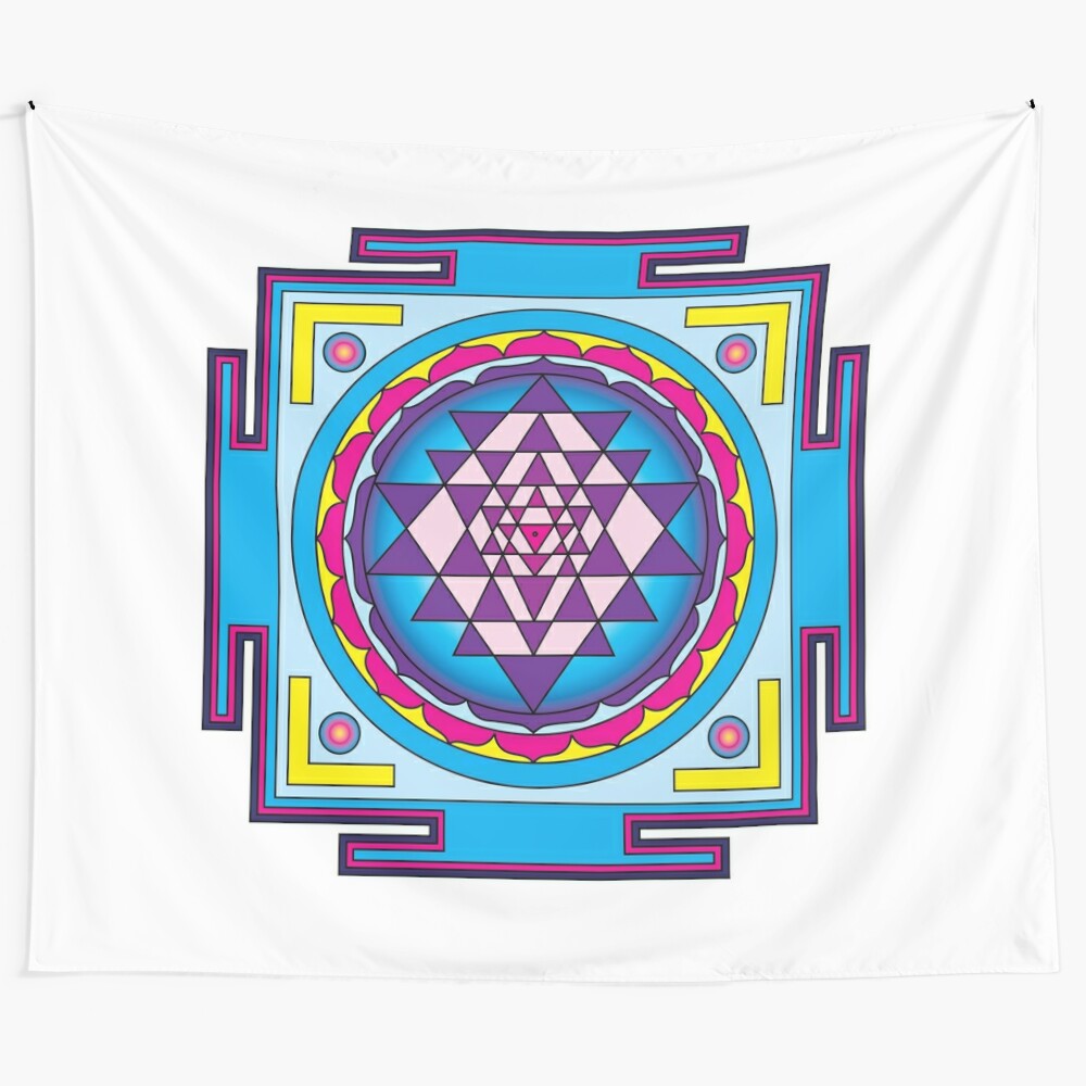 Intricate Sri Yantra sacred geometry mandala tapestry for spiritual home and yoga studio