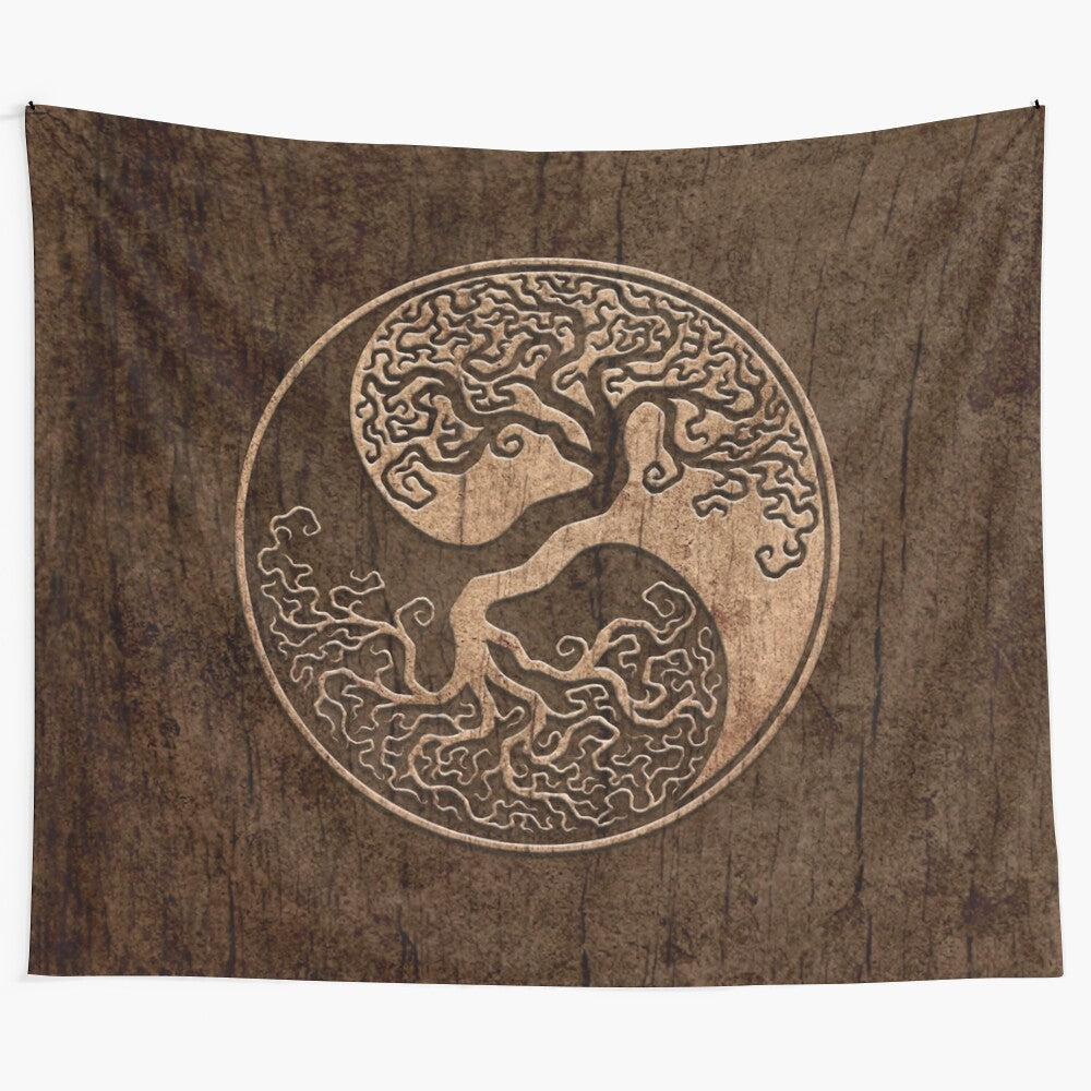 Yin Yang Tree of Life Tapestry featuring a natural wood grain effect design