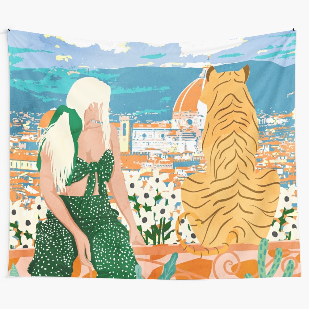 Vibrant Italian-inspired tapestry featuring an empowering feminist portrait