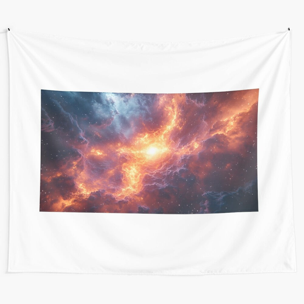 Cosmic tapestry featuring a vibrant nebula, galaxy, and stars