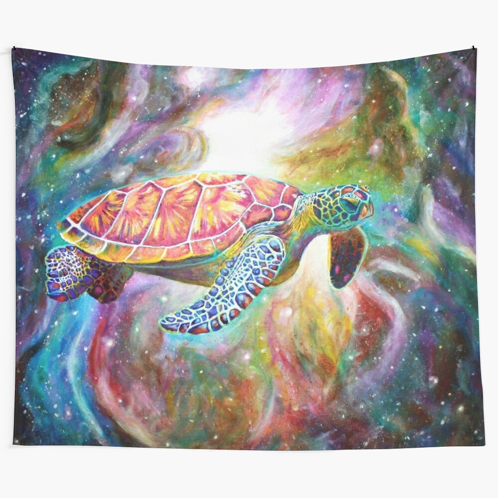 Surreal tapestry featuring a colorful psychedelic painting of a turtle in a cosmic space scene