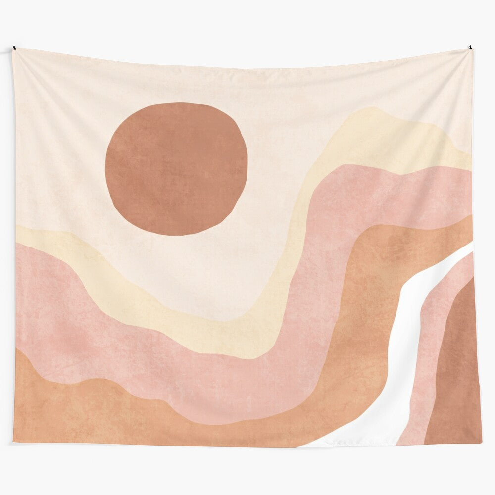 Neutral and pink mountain sun landscape tapestry with abstract shapes and minimalist design