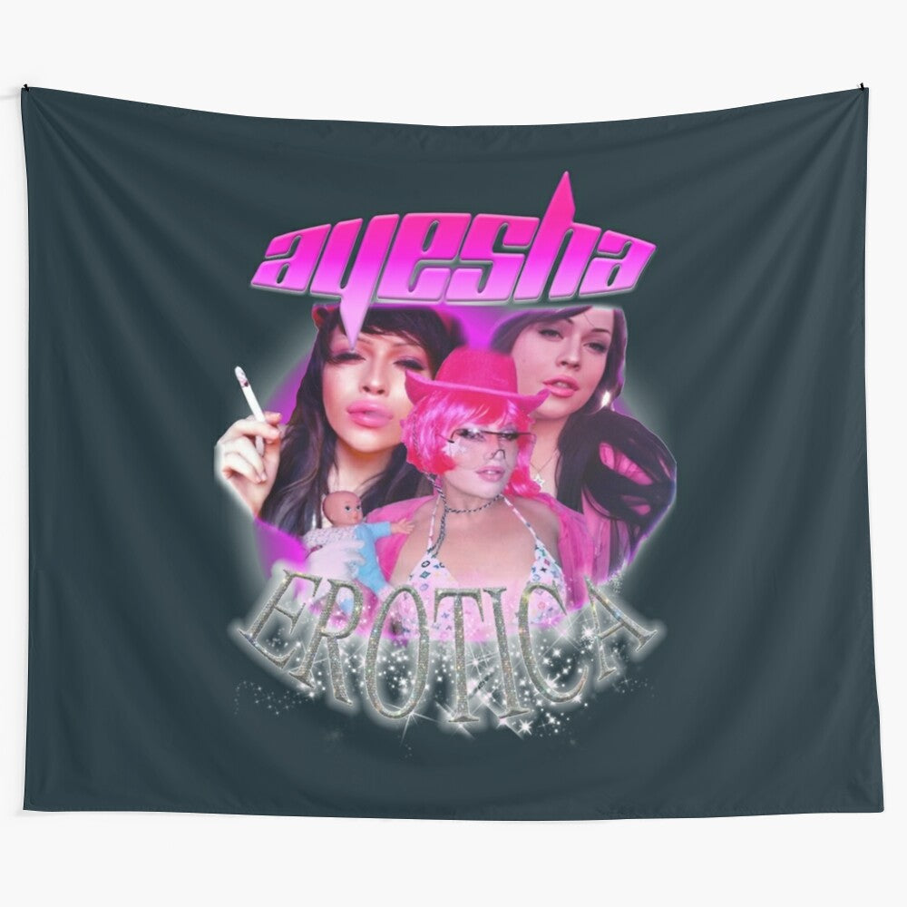 Unofficial "Ayesha Erotica" inspired bootleg tapestry with y2k, pc music, and horror elements