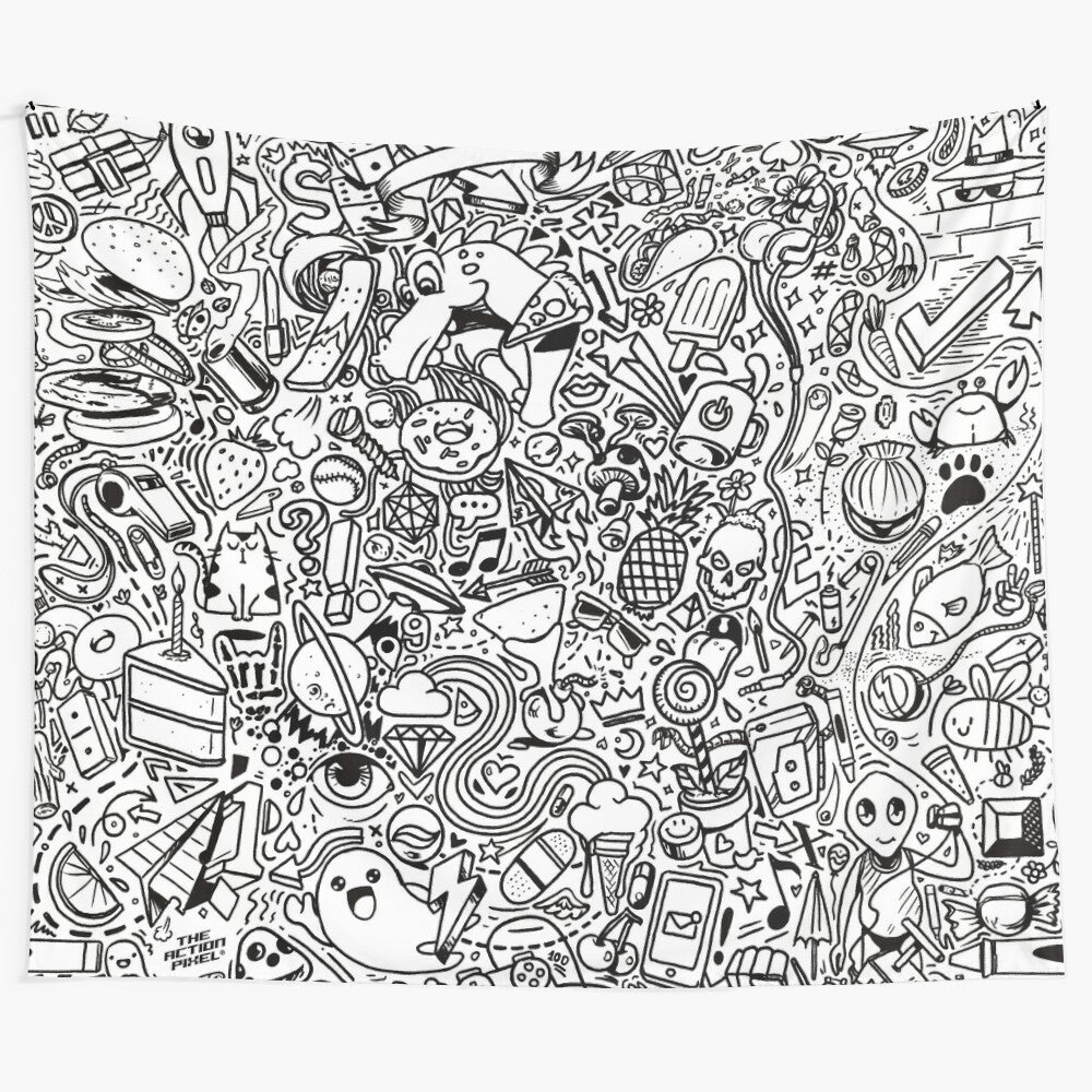 Tapestry featuring a collection of whimsical doodle art with a cute ghost and abstract line designs