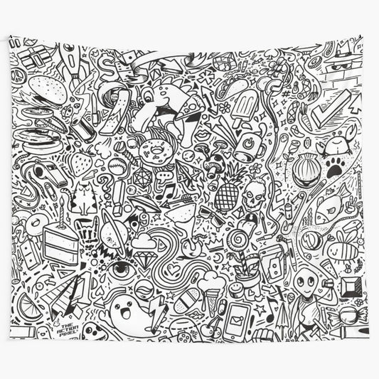 Tapestry featuring a collection of whimsical doodle art with a cute ghost and abstract line designs