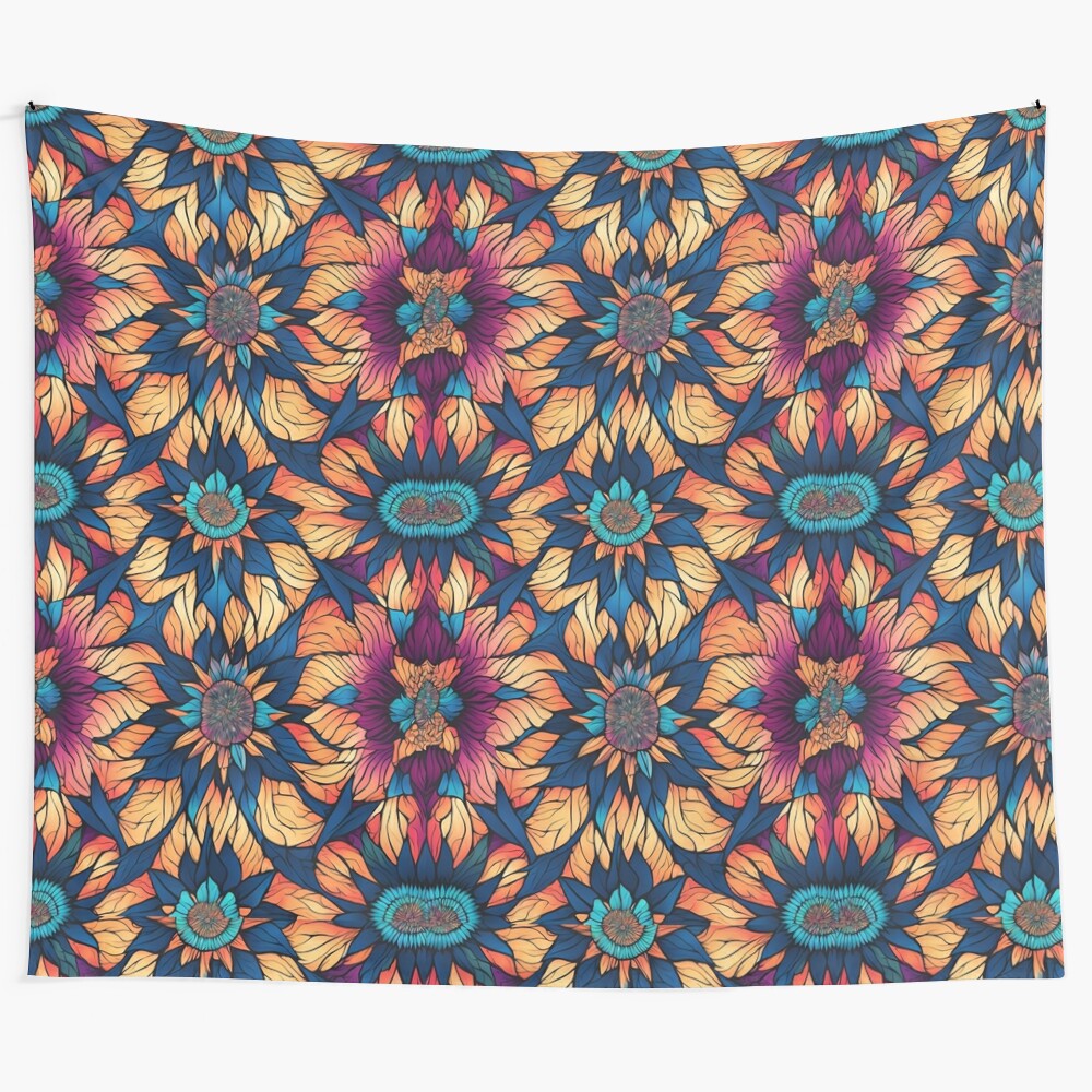 Colorful mandala tapestry with abstract sunflower pattern