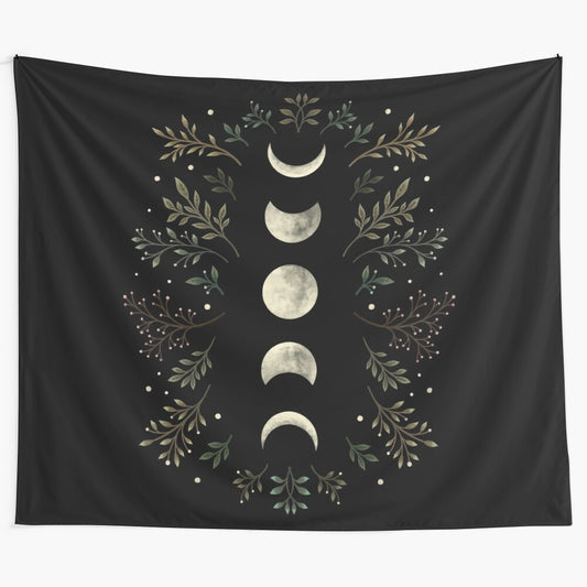 Olive green tapestry featuring a moonlit garden scene with flowers and plants