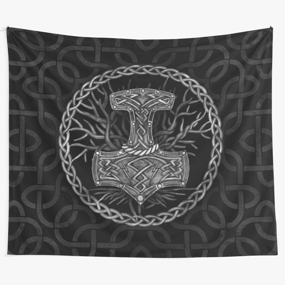 Tapestry depicting Mjolnir, the hammer of the Norse god Thor, and the Tree of Life, Yggdrasil, in a stunning Norse mythology design.