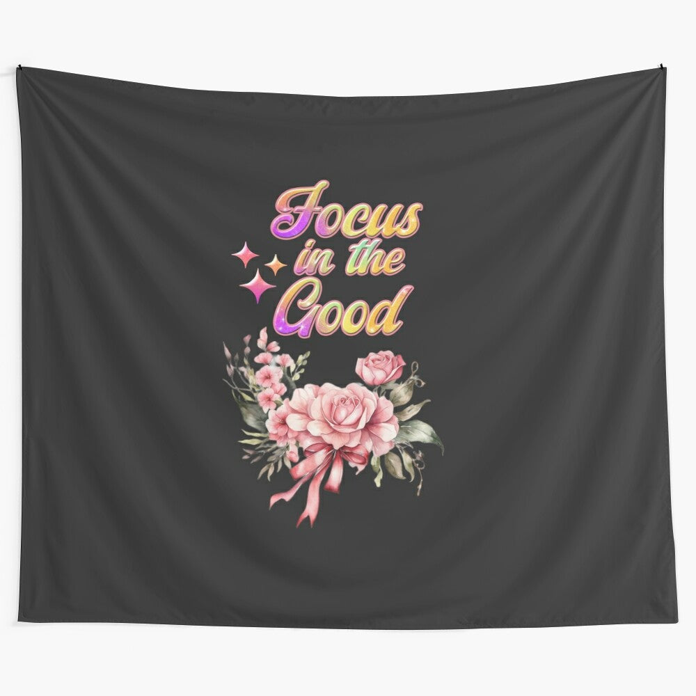 Tapestry featuring a floral design with positive affirmations