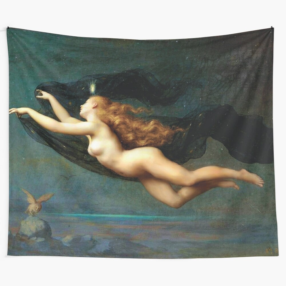 Tapestry featuring a night scene with a witch and a night owl, focus keyword: tapestry