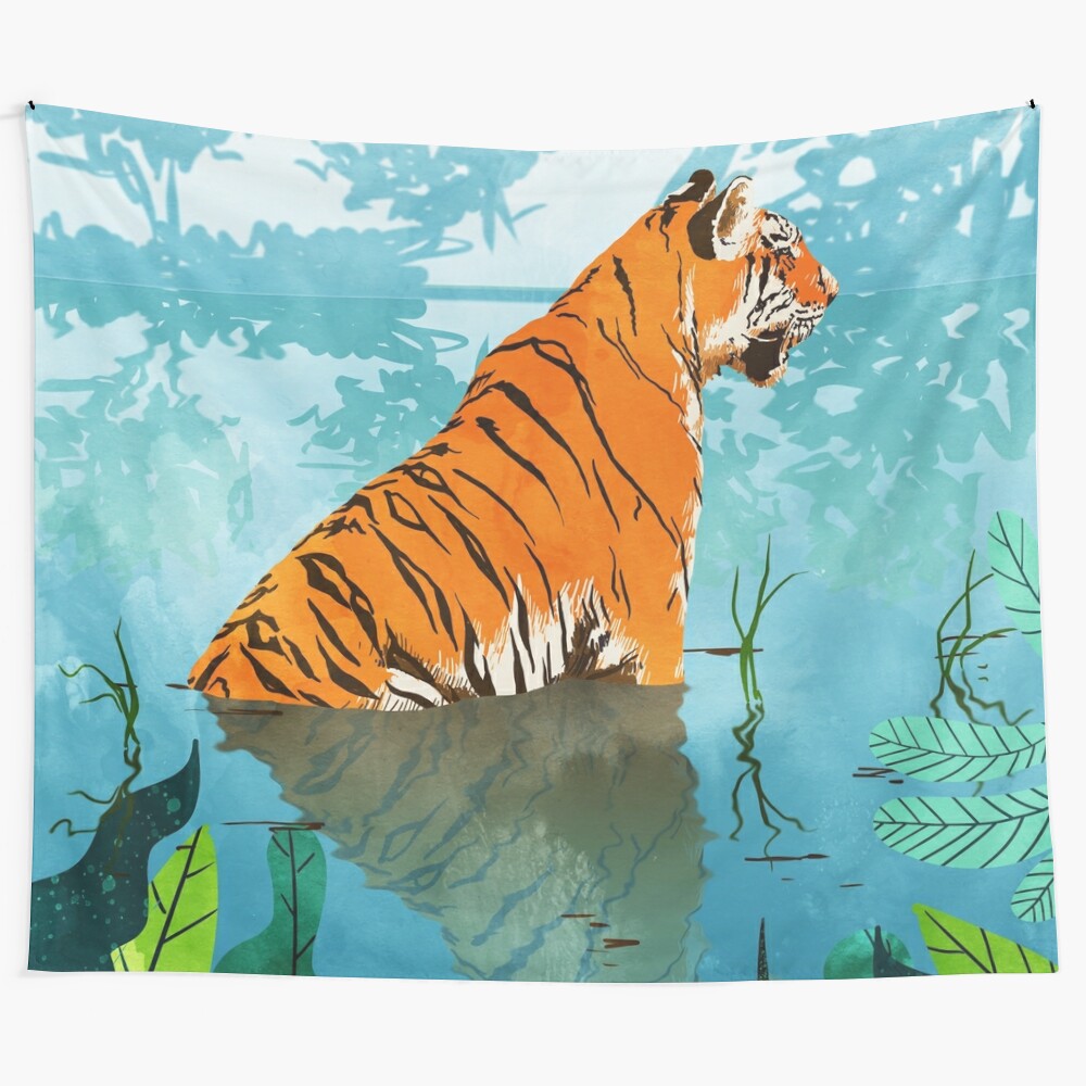 Tiger Creek Tapestry - Majestic wildlife art featuring a tiger in its natural habitat