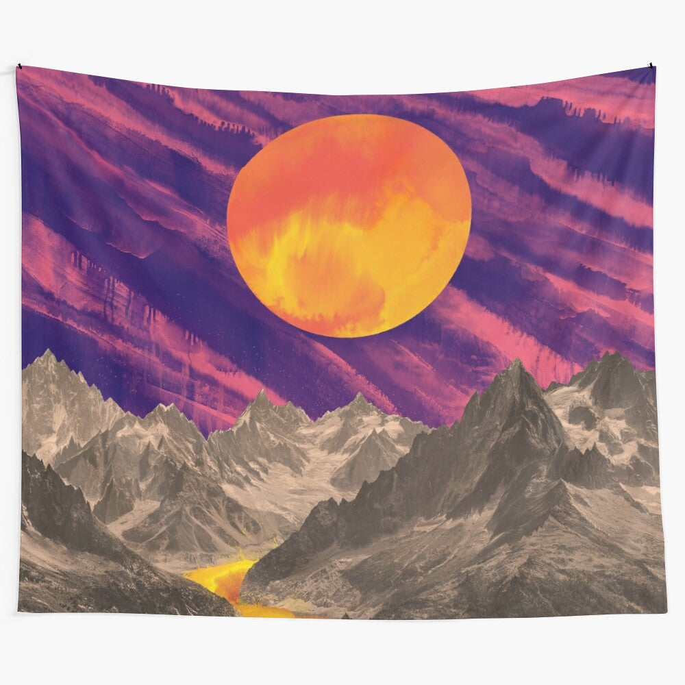 Fuchsia sunset over majestic mountains in a watercolor landscape tapestry