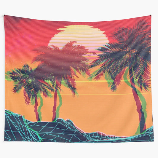 Retro futuristic vaporwave tapestry with mountains, palm trees, and glitchy grid lines