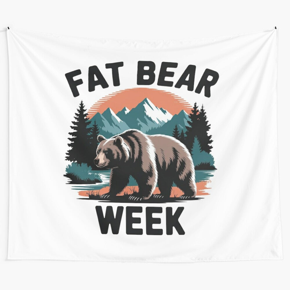 Vintage-style tapestry featuring a fat bear illustration in a wilderness landscape with mountains, river, and trees.