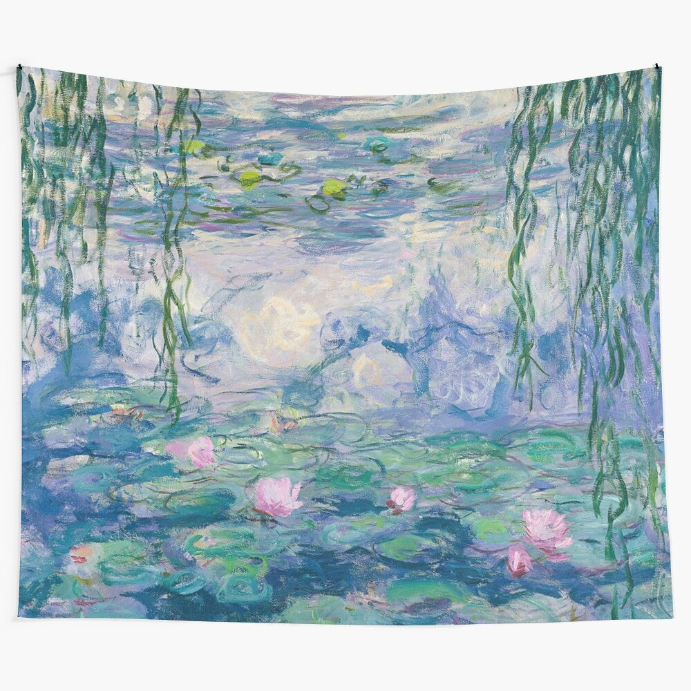 Claude Monet water lilies fine art tapestry with pink, blue, and green floral landscape