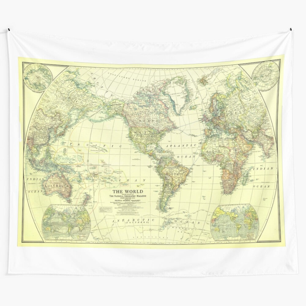 Vintage inspired world map tapestry with antique cartographic details