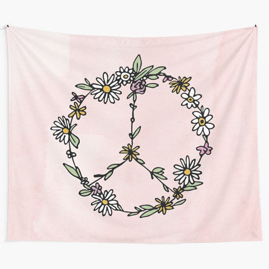 Watercolor peace sign tapestry with floral and mandala design