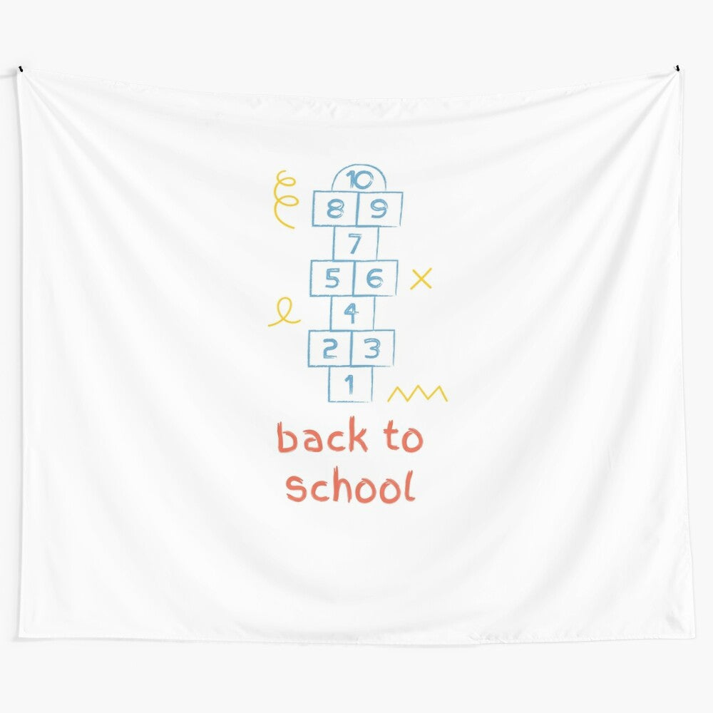 Back-to-school tapestry featuring school supplies and academic elements