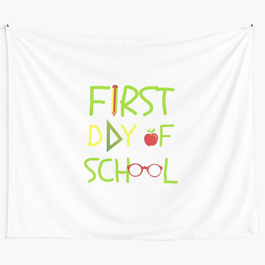 Colorful first day of school tapestry with educational elements