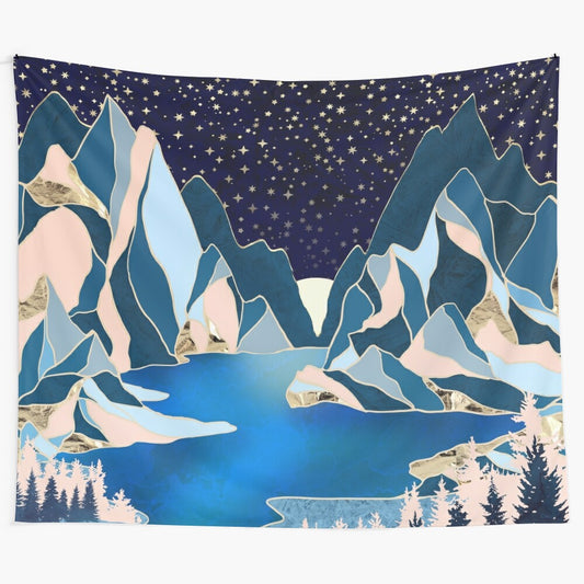 Cosmic peaks nature tapestry featuring a starry night landscape with mountains, rivers, and forests