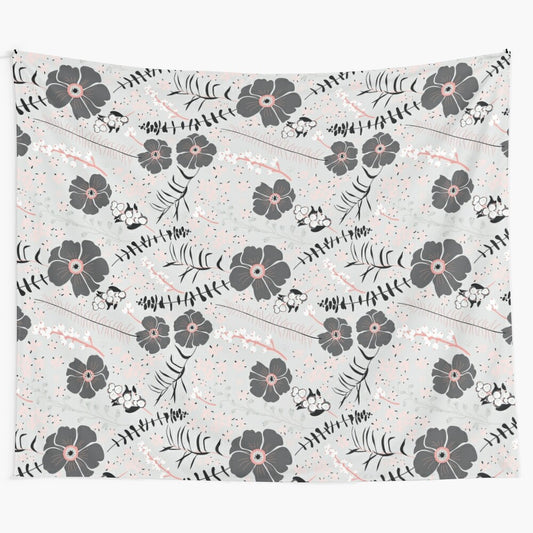 Elegant floral tapestry featuring a botanical design in soft black and pink hues