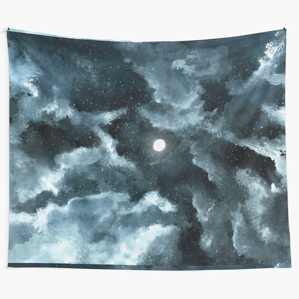 Cloudy night sky watercolor tapestry with stars and moon