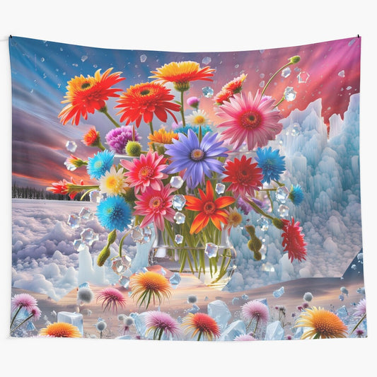 Flowers and ice crystals tapestry with artistic, surreal design