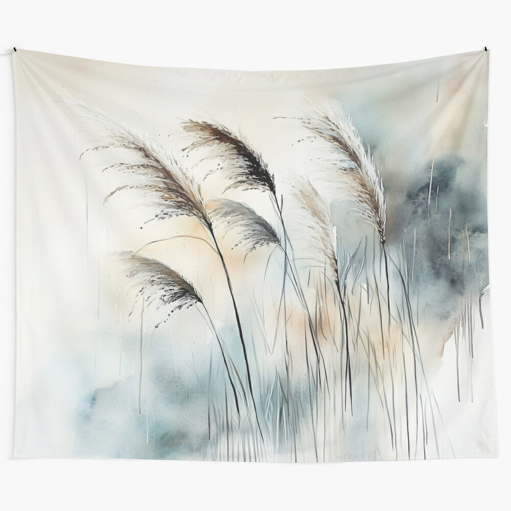 Abstract watercolor landscape tapestry with flowing grasses and serene nature-inspired artwork