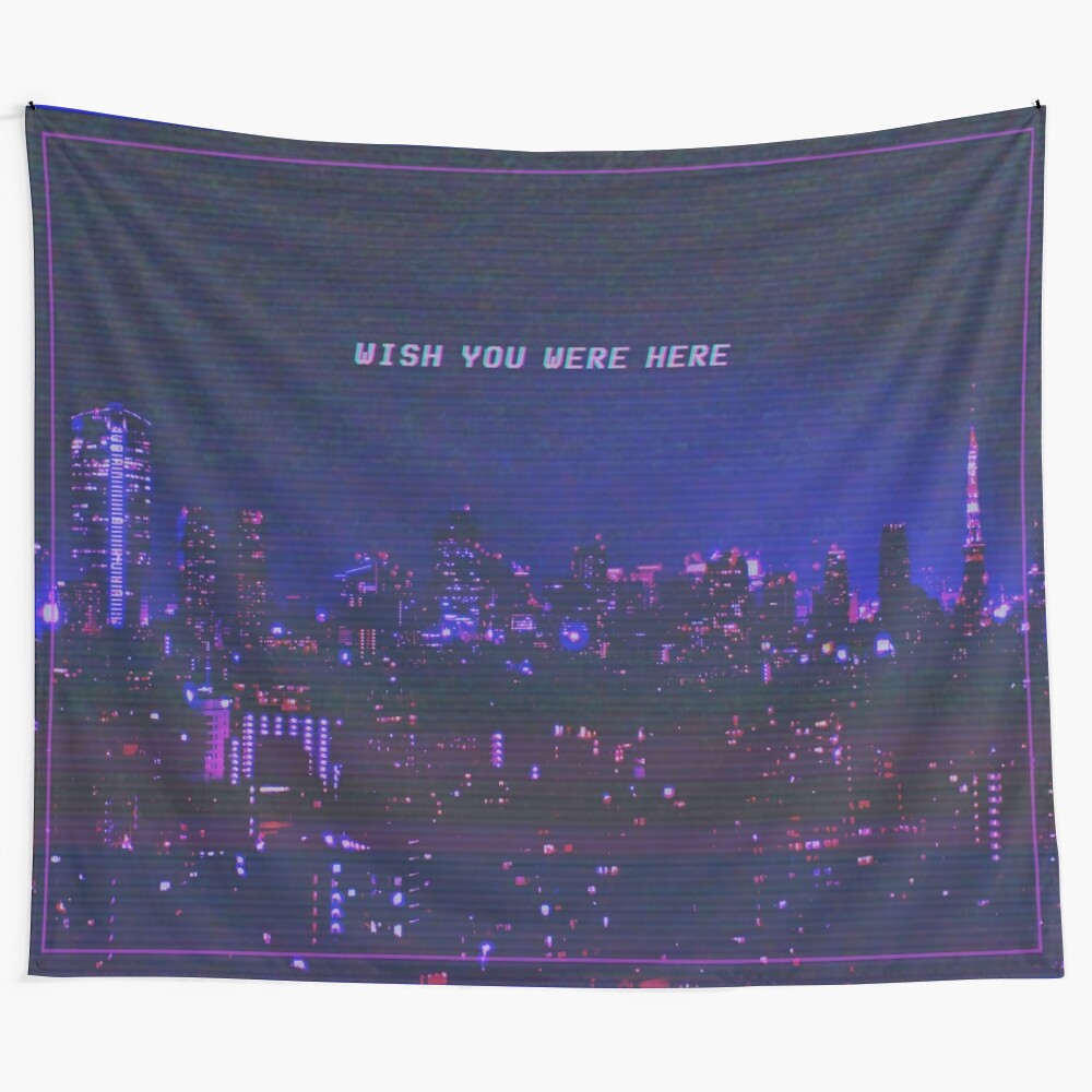 Vaporwave aesthetic Tokyo city night glitch tapestry with retro, futuristic, and emotional elements