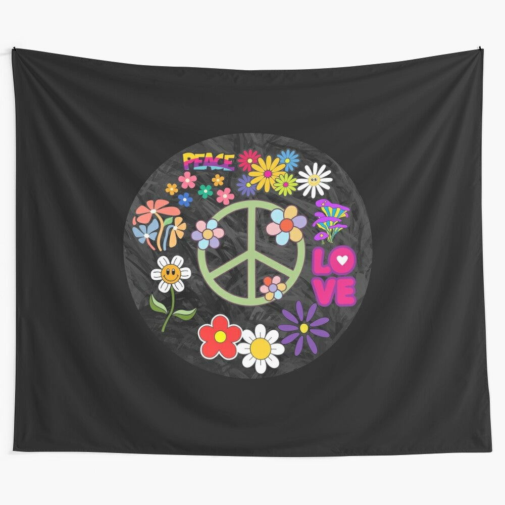 Retro hippie peace tapestry with vibrant flowers and psychedelic design