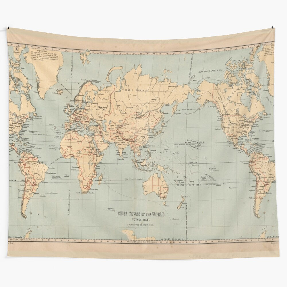 Vintage-inspired world map tapestry with historical cartography