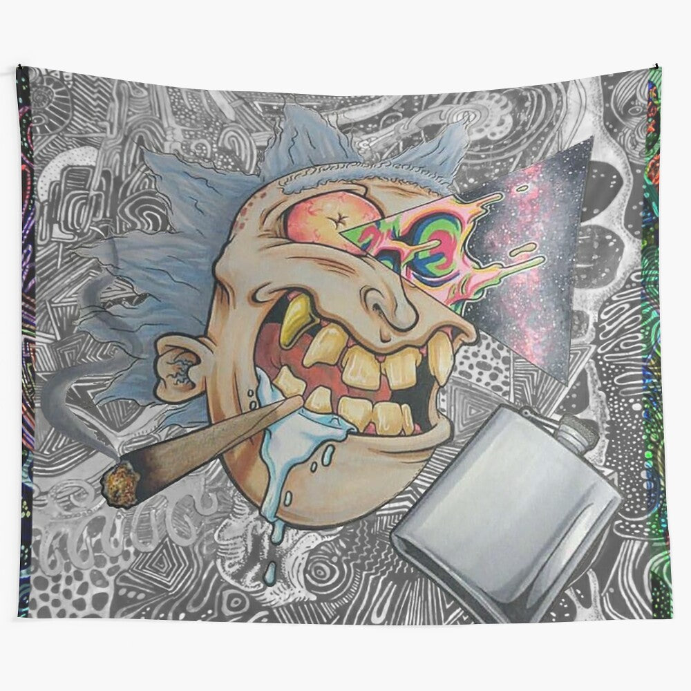 Trippy abstract tapestry with psychedelic cosmic and marijuana-themed imagery