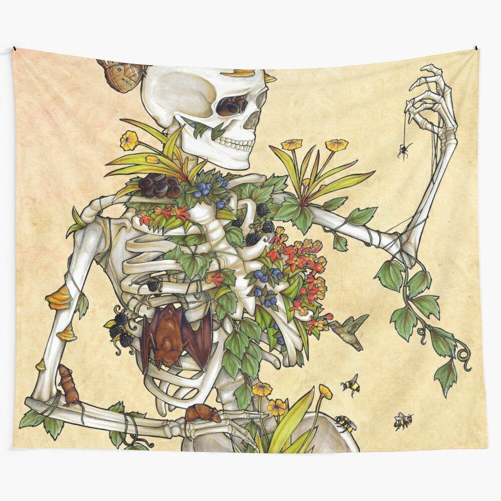 Bones and Botany Tapestry featuring a skeleton surrounded by nature elements