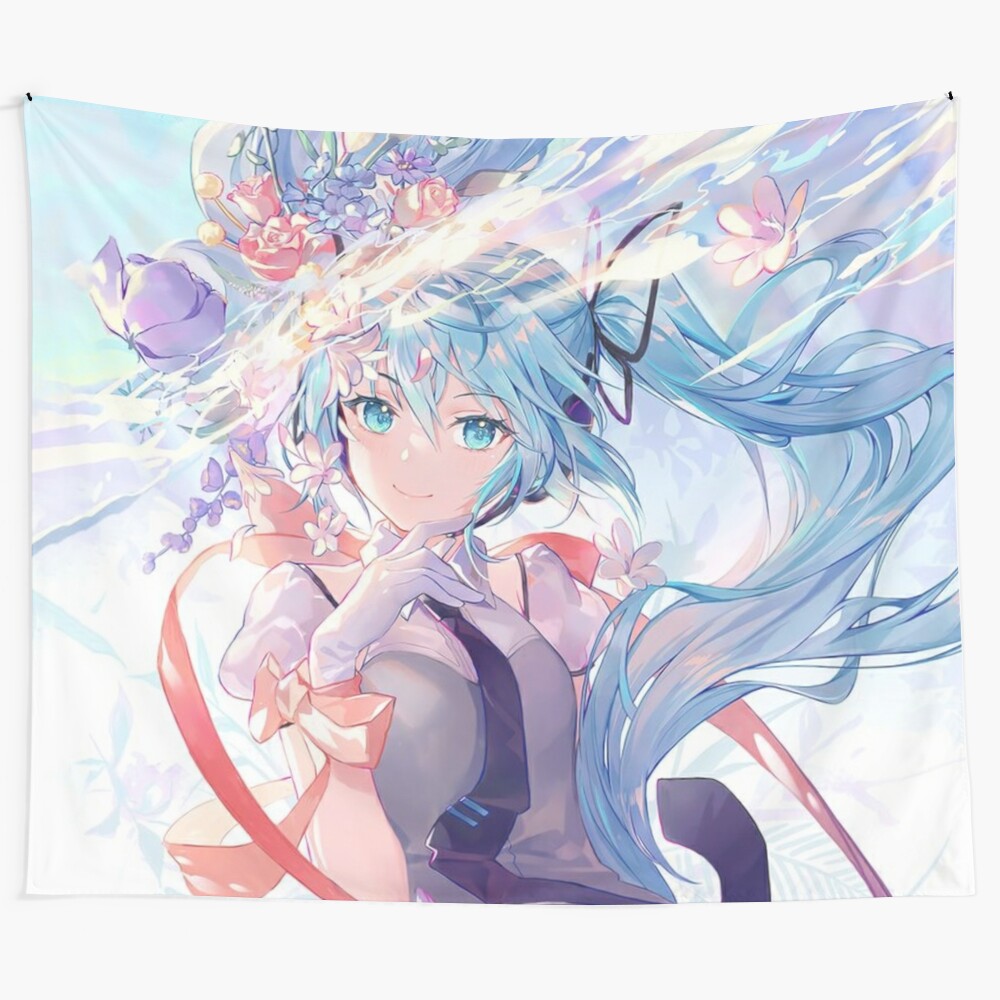 Hatsune Miku inspired tapestry with blue sky, geometric patterns, and anime girl design