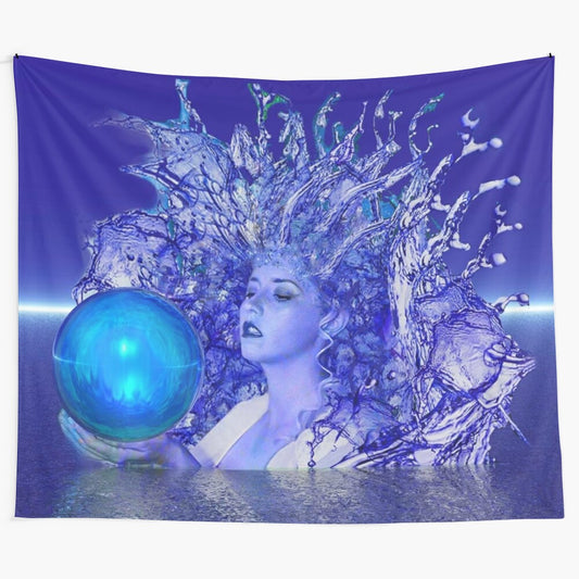 Blue crystal tapestry with psychedelic, celestial design