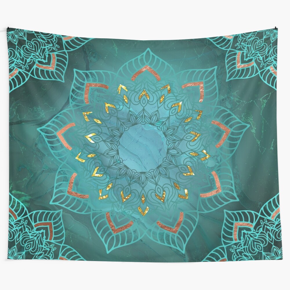 Teal turquoise and rose gold mandala tapestry wall hanging