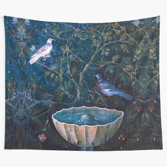 Vintage Pompeii Floral Tapestry with Doves and Fountain in Garden